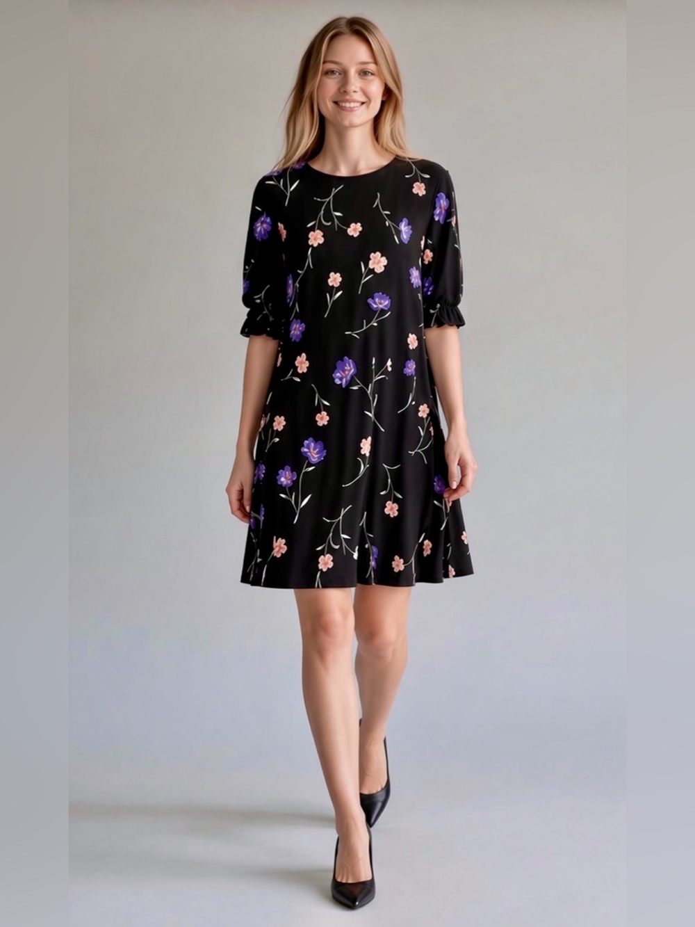 Lauren Ralph Lauren Floral Gathered Sleeve Shift Black Dress Size 10